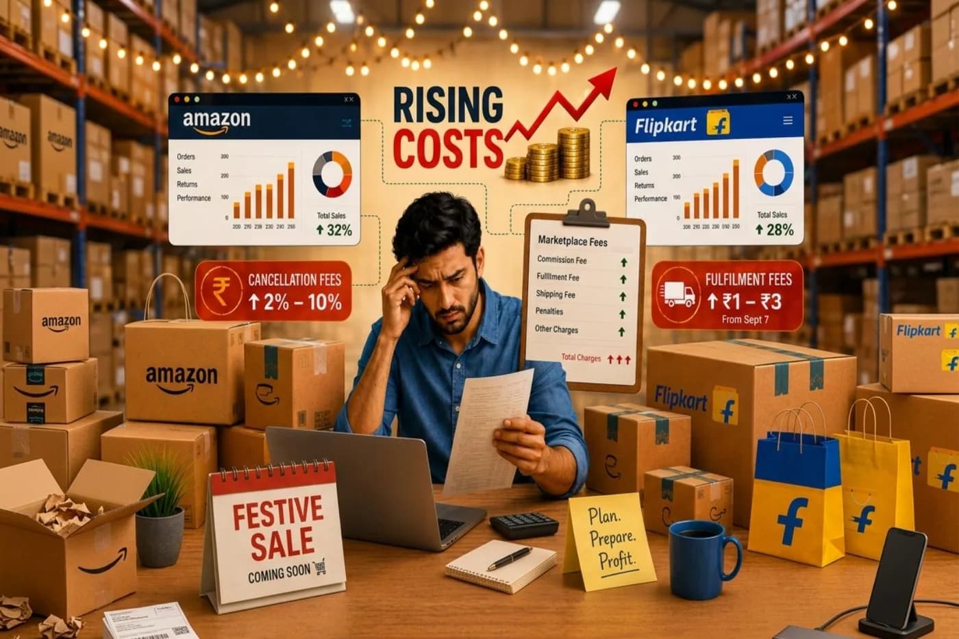 Ecommerce seller reviewing rising Amazon and Flipkart marketplace fees surrounded by warehouse packages