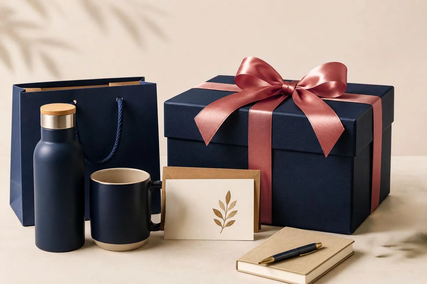 Navy corporate gift box with ribbon, insulated bottle, mug, card and notebook staged for a premium gifting programme