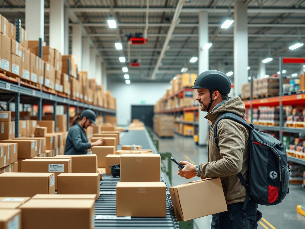Ecommerce fulfillment warehouse with conveyor, pickers and dispatch rider