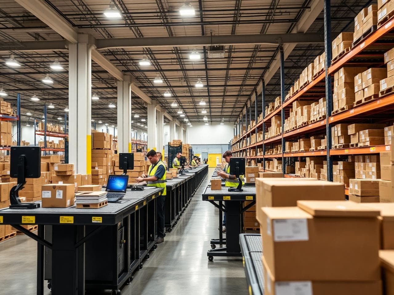 Returns inspection bay with camera-enabled tables and organized return inventory