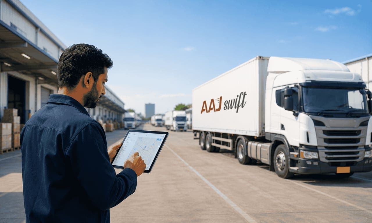 AAJ Swift TMS control room with live India route map and shipment dashboards