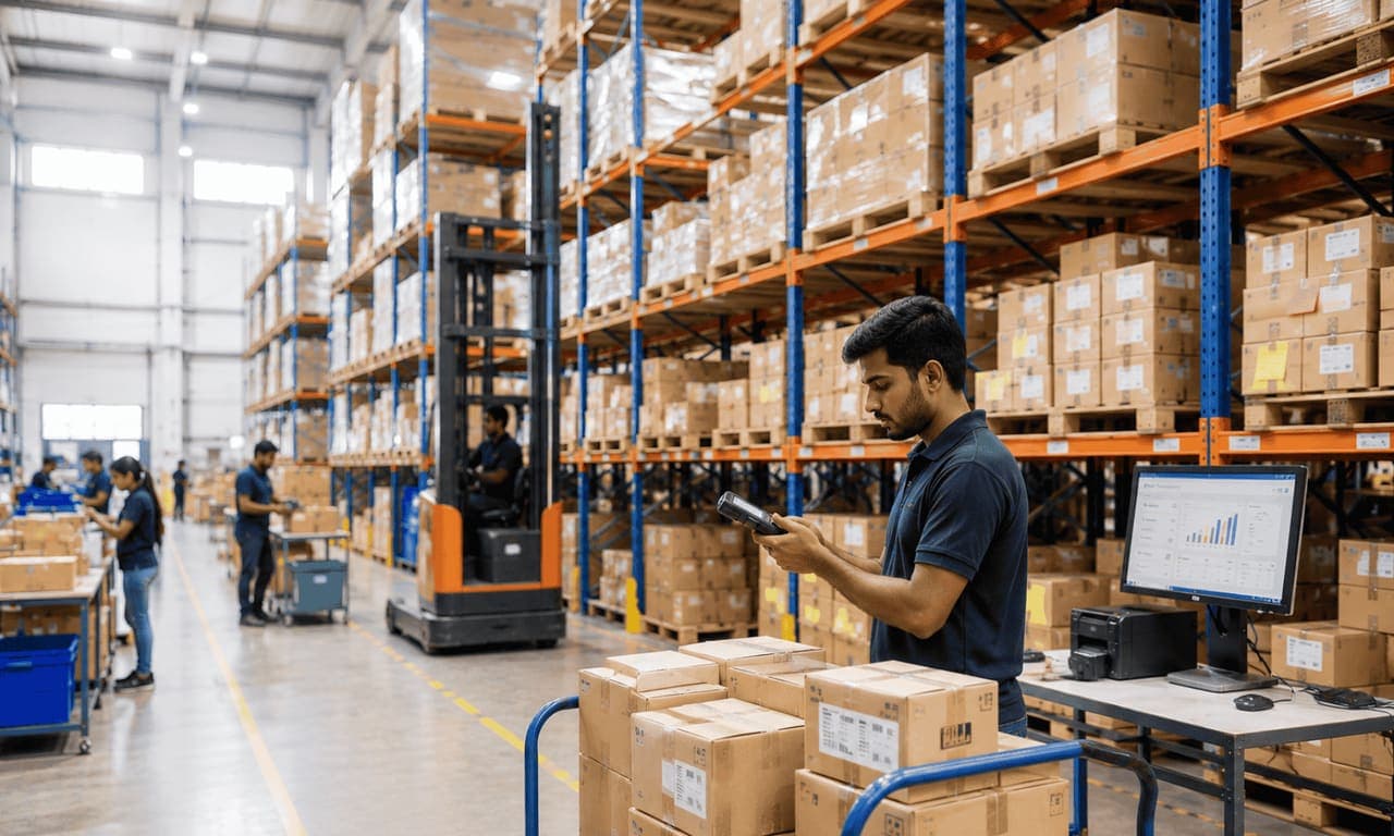 Warehouse executive scanning a barcoded bin inside an AAJ Pro WMS facility