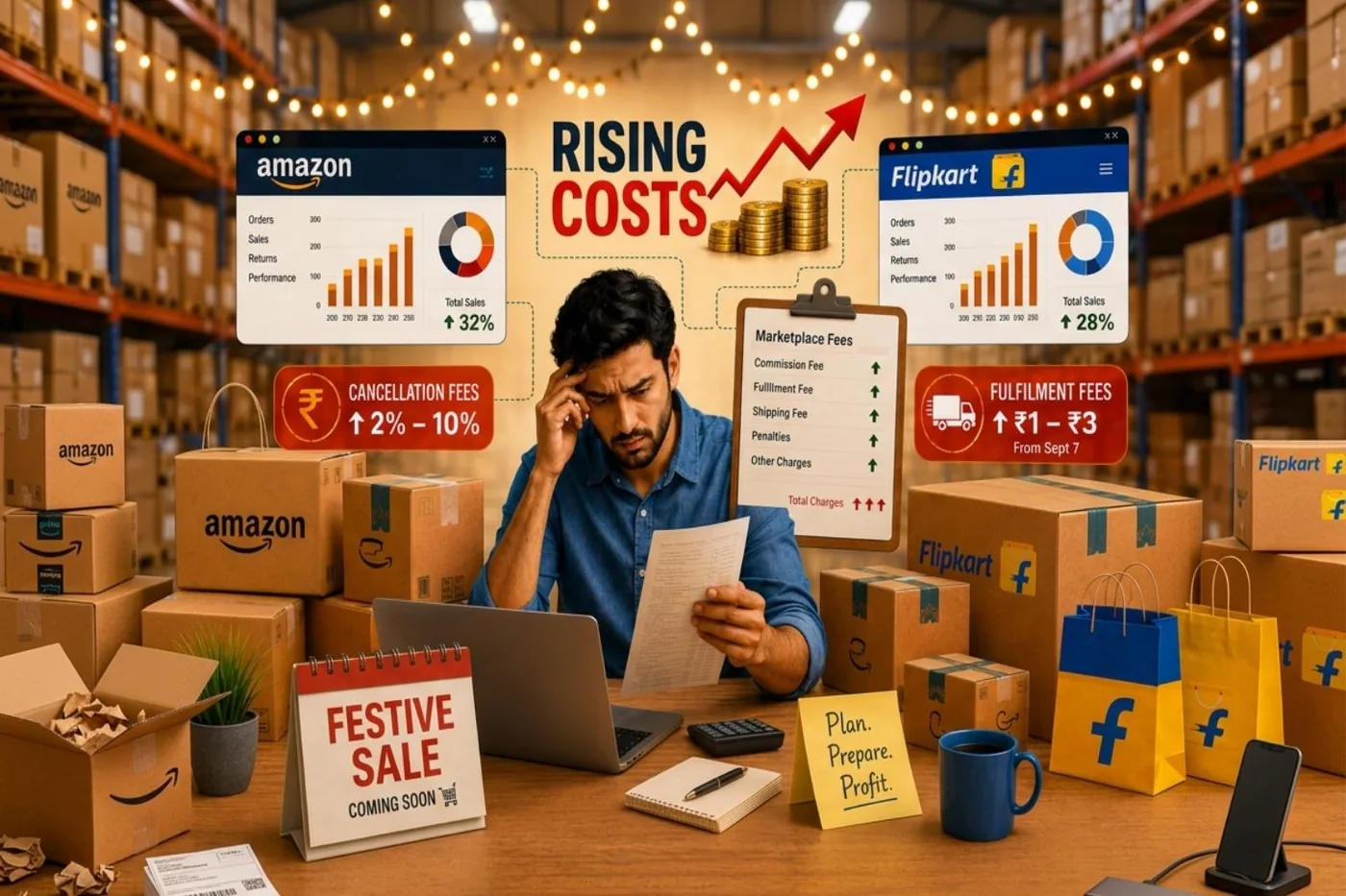 Ecommerce seller reviewing rising Amazon and Flipkart marketplace fees surrounded by warehouse packages