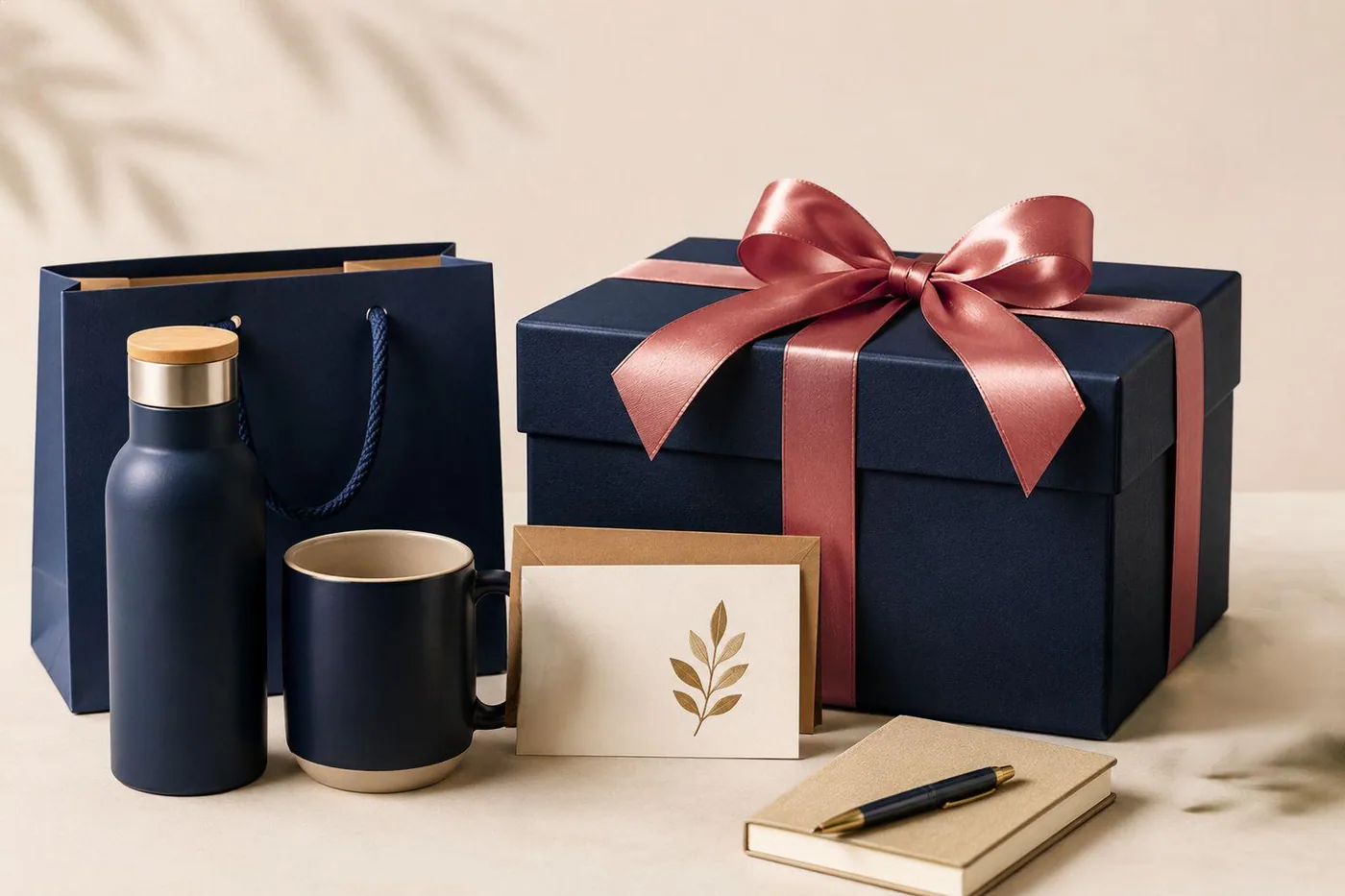 Navy corporate gift box with ribbon, insulated bottle, mug, card and notebook staged for a premium gifting programme
