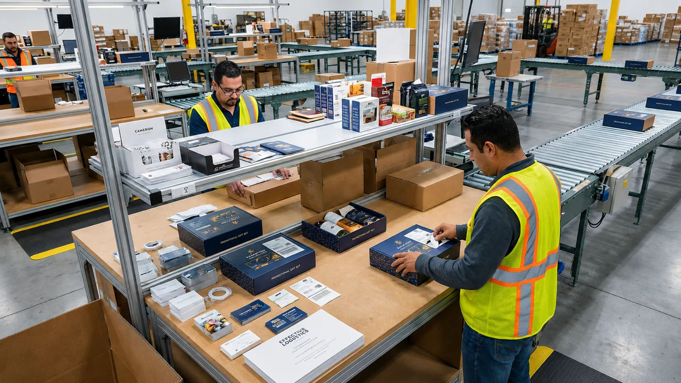 Warehouse staff kitting and packing branded corporate gift boxes on a fulfillment line