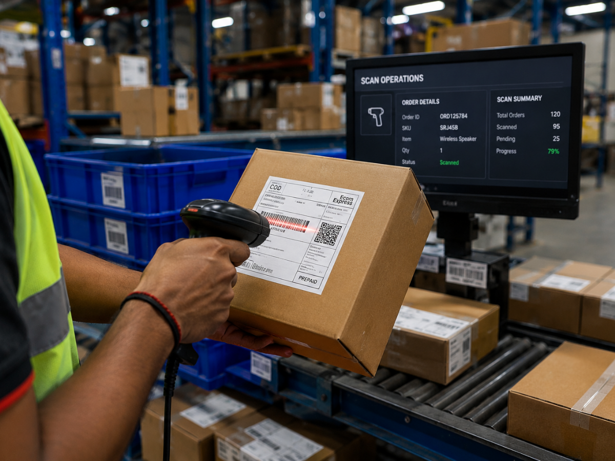 Operator scanning a package with live scan operations dashboard
