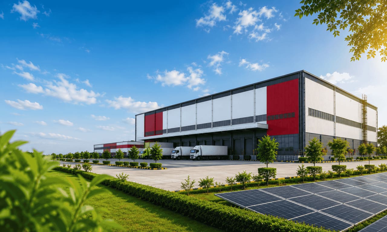Sustainable warehouse with solar panels, wind turbine and electric delivery truck