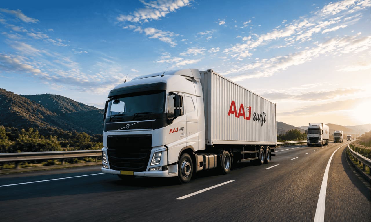 AAJ SCM road freight movement with branded trucks at a logistics hub