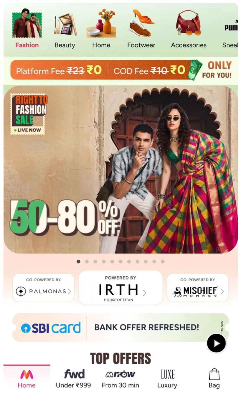 Myntra fashion sale app screen with category tiles and top offers